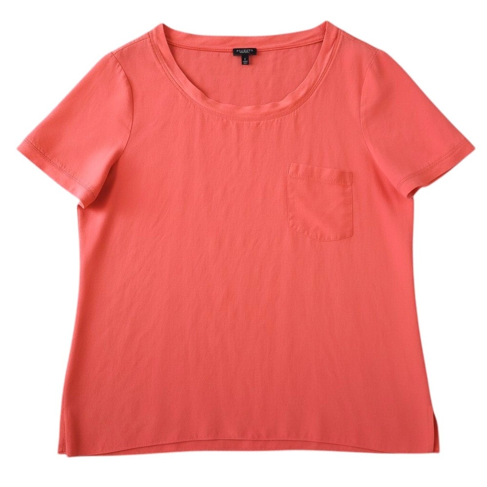 Talbots Shirt Womens Large Coral 100% Silk Short Sleeve Pocket Blouse Top Casual
